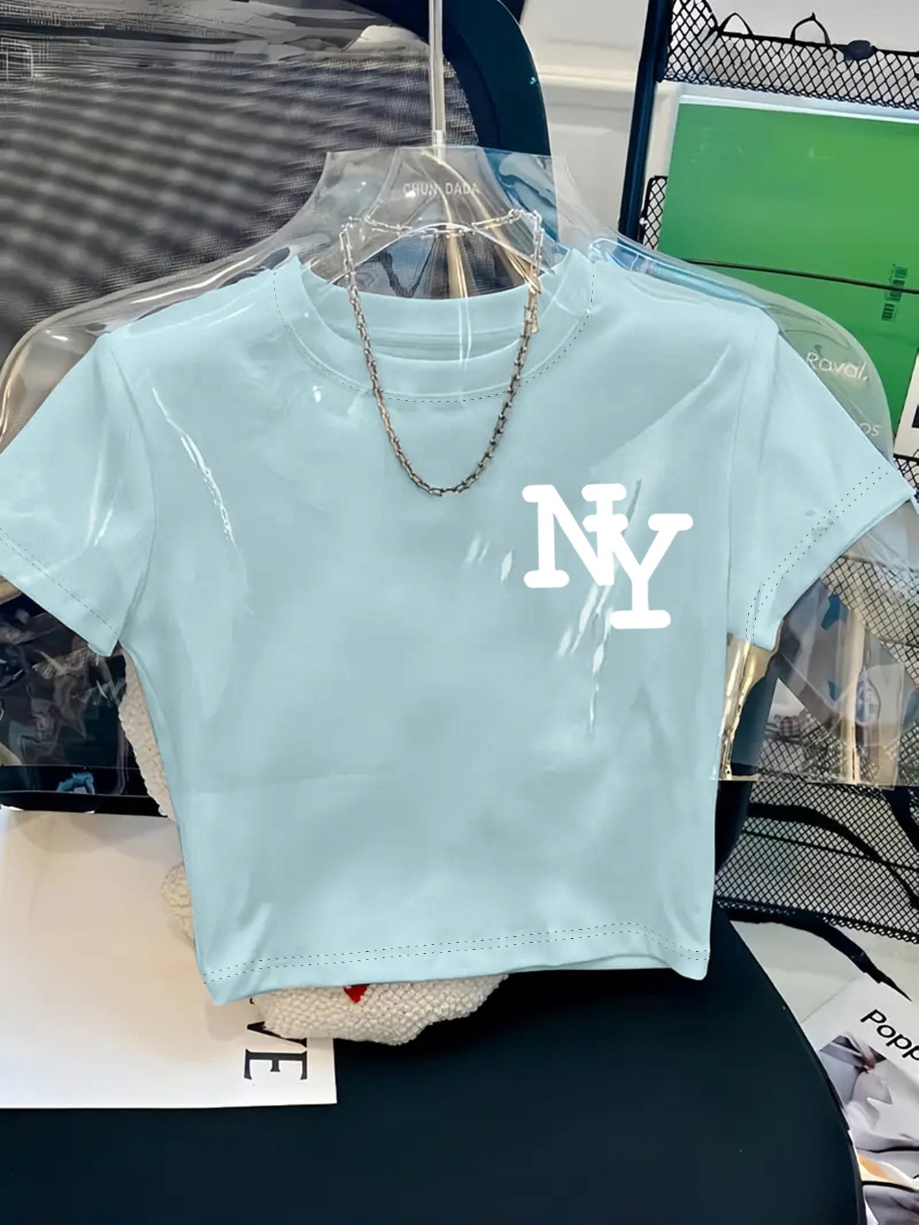 Women's Y2K Style NY Monogram Graphic T-Shirt - Soft Stretchy Polyester Blend, Oversized Cropped Fit, Machine Washable Spring/Summer Casual Top